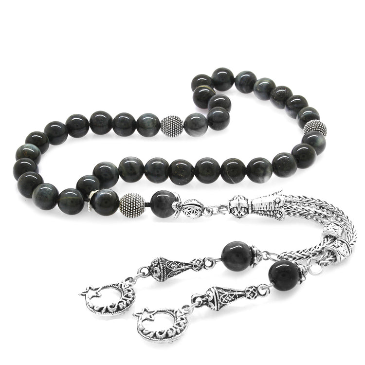 Tarnish Resistant Metal Sphere Cut Gray Tiger Eye Natural Stone Prayer Beads with Crescent and Star Tassels