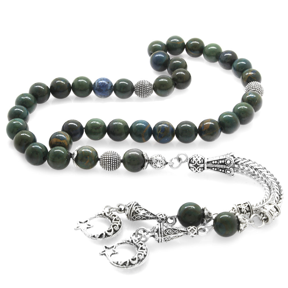 Tarnishproof Metal Bloodstone Natural Stone Prayer Beads with Crescent and Star Tassels