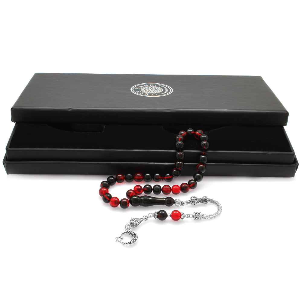 Red-Black Fire Amber Rosary with Star and Crescent Tassels