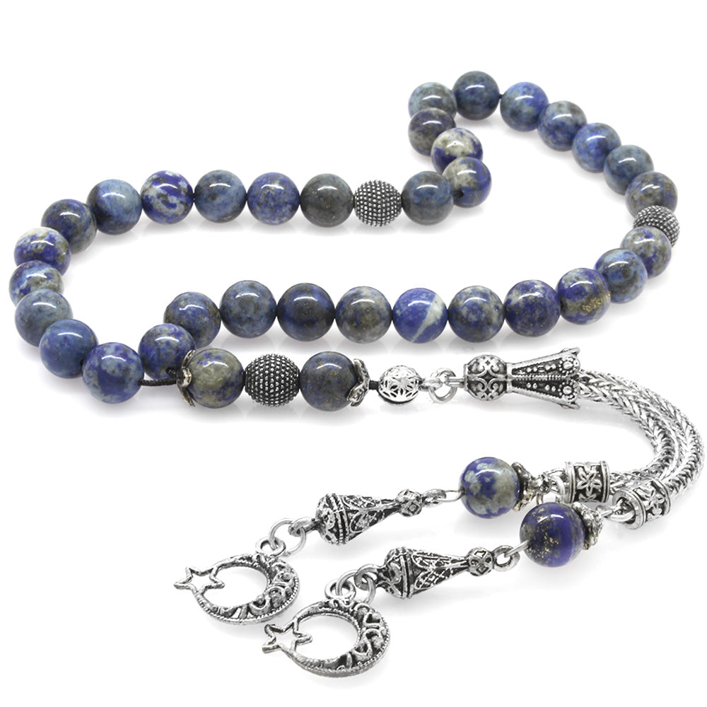 Tarnishproof Metal Sphere Cut Lapis Natural Stone Prayer Beads with Crescent and Star Tassels