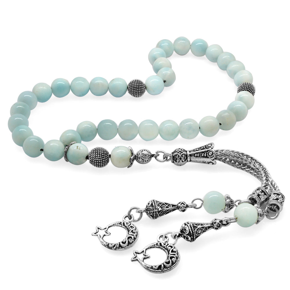 Tarnishproof Metal Larimar Natural Stone Prayer Beads with Crescent and Star Tassels