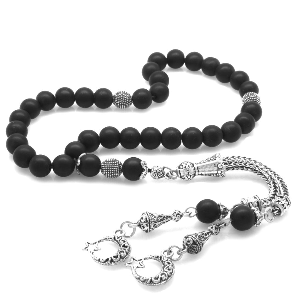 Tarnish-proof Metal Sphere Cut Matte Onyx Natural Stone Prayer Beads with Star and Crescent Tassels