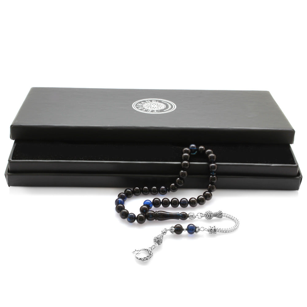 Blue-Black Pressed Amber Rosary 