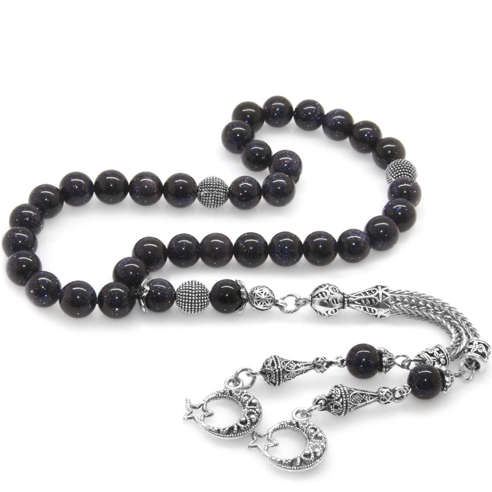 Tarnish-proof Metal Sphere Cut Blue Star Stone Natural Stone Prayer Beads with Crescent and Star Tassels