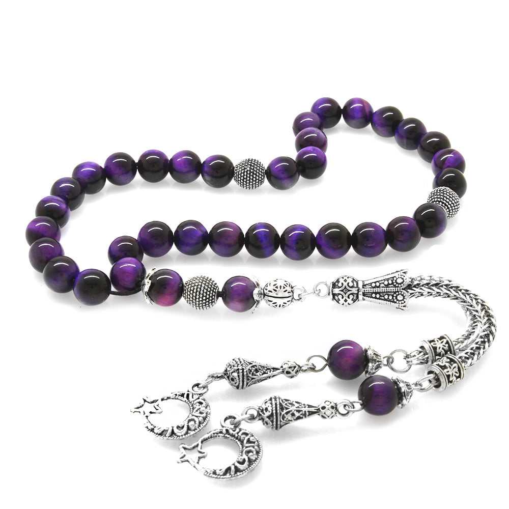 Tarnish Resistant Metal Sphere Cut Purple Tiger's Eye Natural Stone Prayer Beads with Crescent and Star Tassels