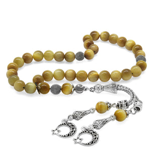 Tiger's Eye Natural Stone Prayer Beads with Star and Crescent Tassels