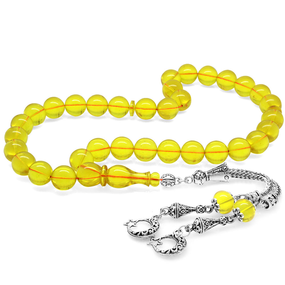 Tarnish Resistant Metal Yellow Fire Amber Rosary with Star and Crescent Tassels