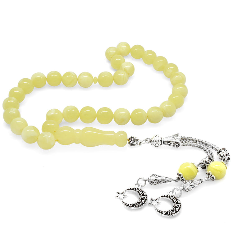 Tarnish Resistant  Yellow-White Moire Beirut Amber Prayer Beads with Star and Crescent Tassels