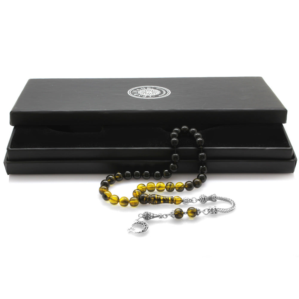 Yellow-Black Fire Amber Rosary with Star and Crescent Tassels