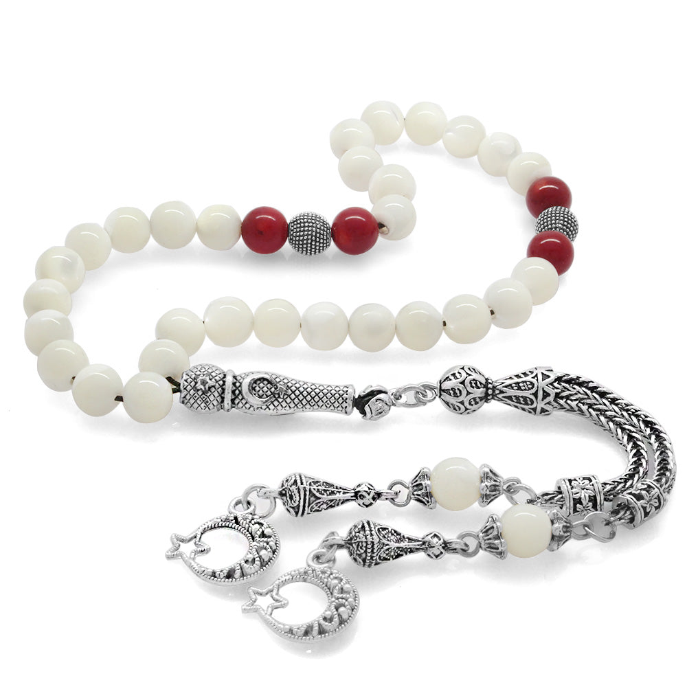 Tarnishproof Metal Sphere Cut Mother of Pearl-Coral Natural Stone Prayer Beads with Star and Crescent Tassels