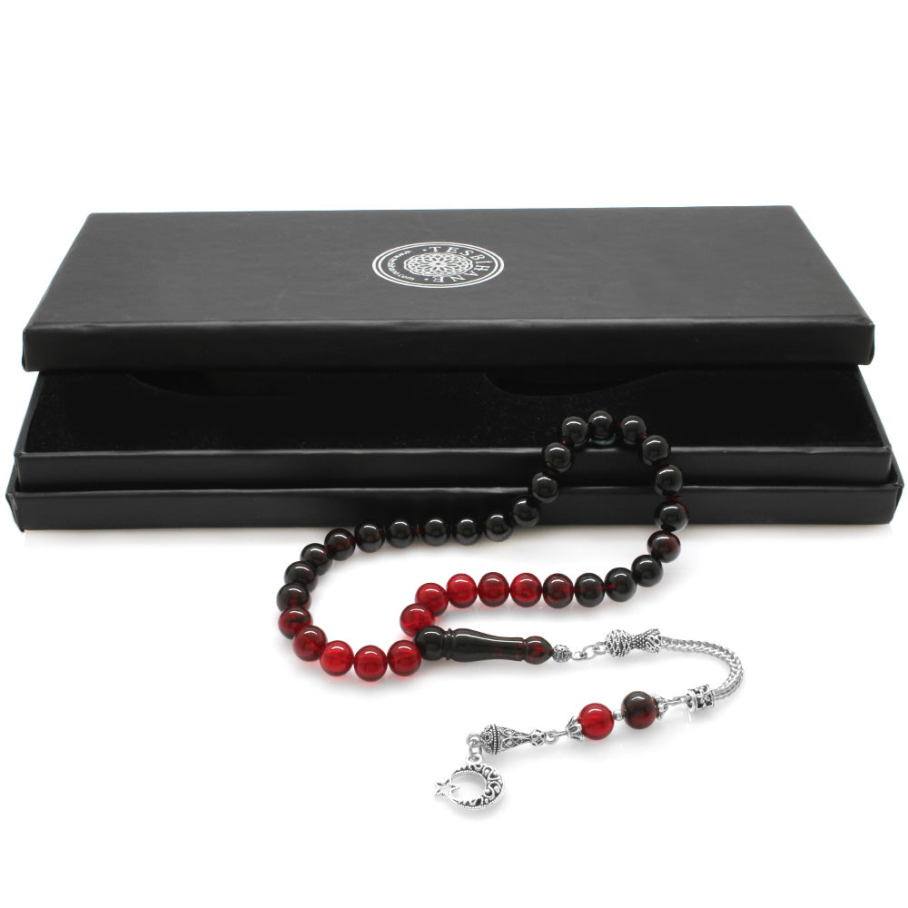 Red-Black Amber Rosary with Star and Crescent Tassels