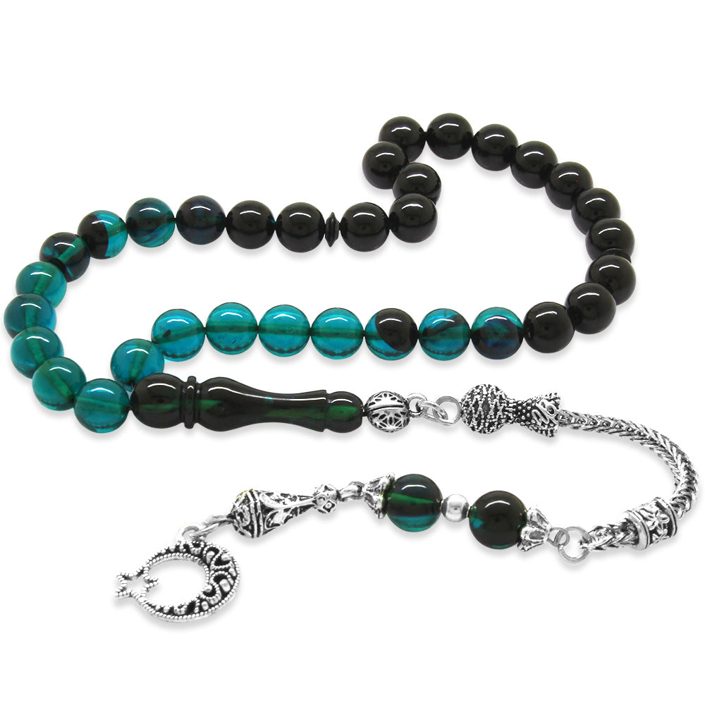 Turquoise-Black Amber Rosary with Star and Crescent Tassels