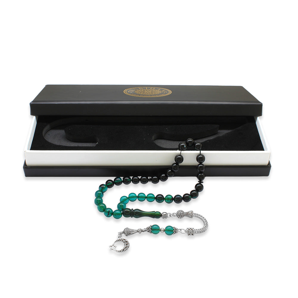 Turquoise-Black Amber Rosary with Star and Crescent Tassels