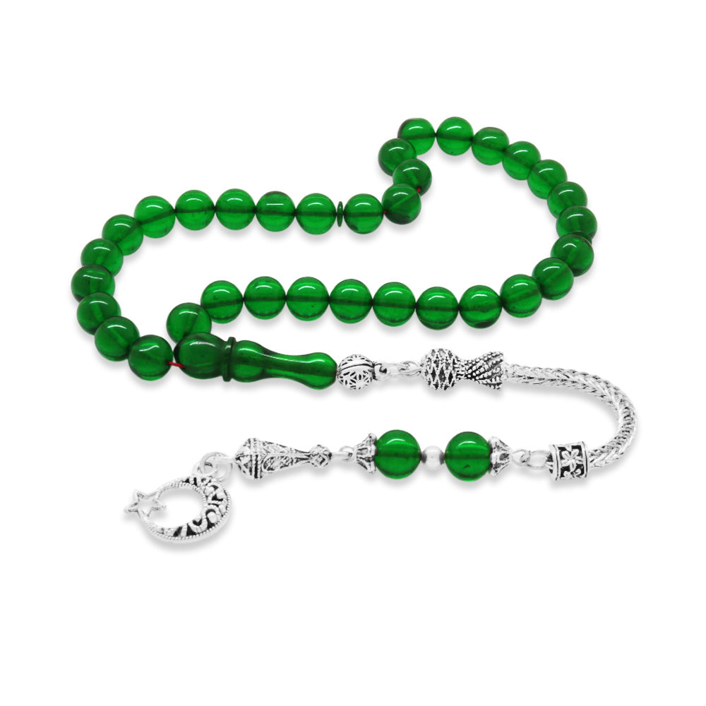 Metal Green Fire Amber Rosary with Star and Crescent Tassels