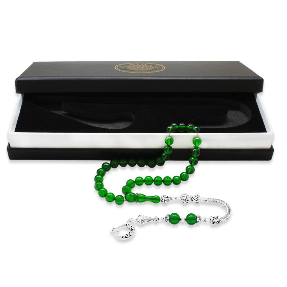 Metal Green Fire Amber Rosary with Star and Crescent Tassels