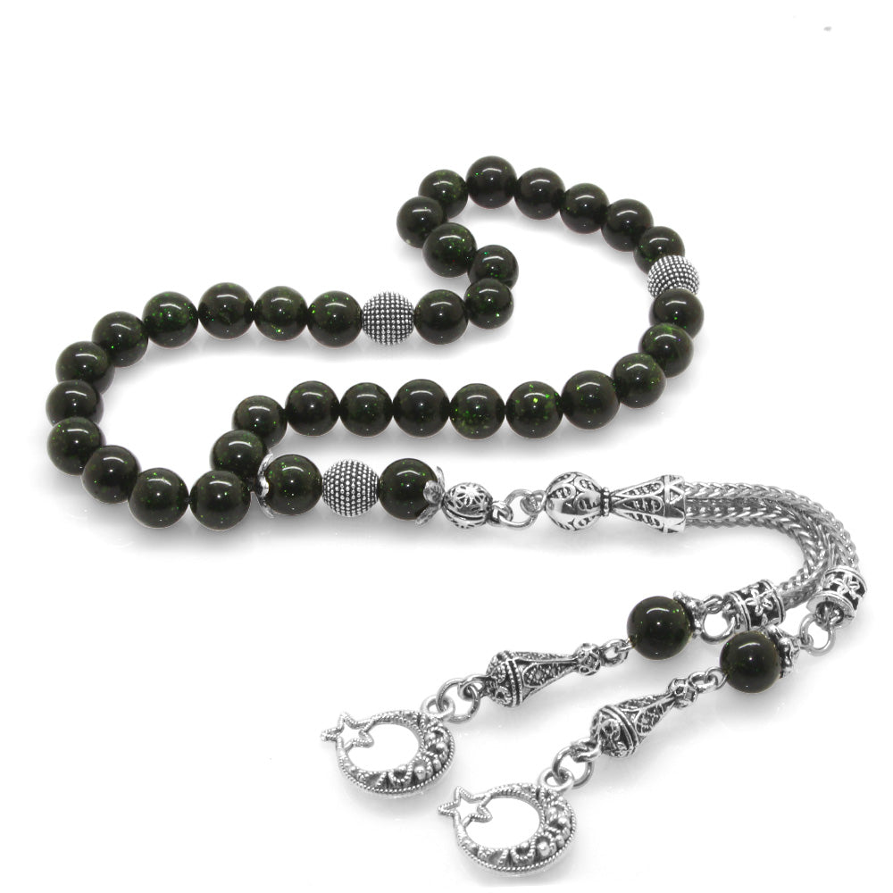 Tarnishproof Metal Sphere Cut Green Star Stone Natural Stone Prayer Beads with Crescent and Star Tassels