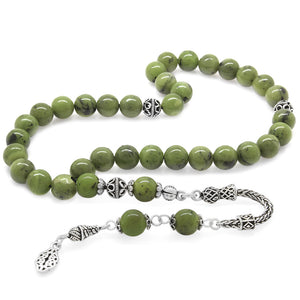 925 Sterling Silver Tasseled Sphere Cut Jade Natural Stone Prayer Beads