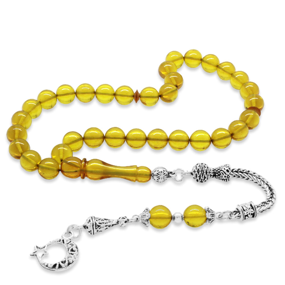 Metal Yellow Fire Amber Rosary with Star and Crescent Tassels