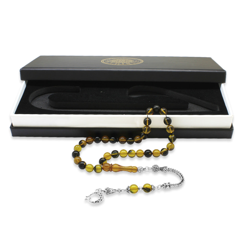 Tarnish-proof Metal Sphere Cut Yellow-Black Fire Amber Rosary with Star and Crescent Tassels