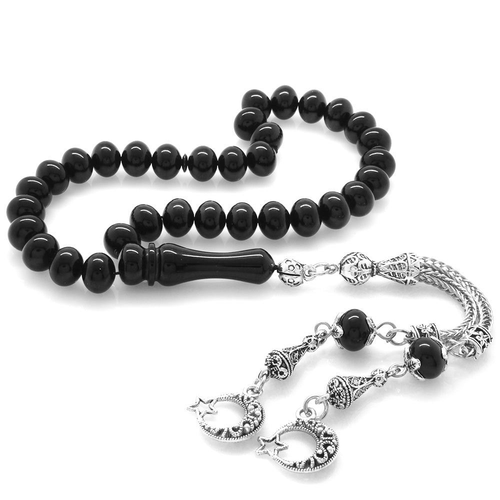 Black Crimped Amber Rosary with Star and Crescent Tassels