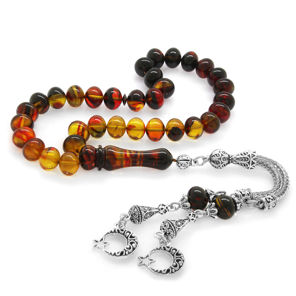 Bala-Black Fire Amber Rosary with Star and Crescent Tassels