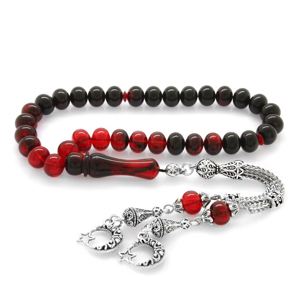 Star and Star Tasseled Red-Black Fire Amber Rosary
