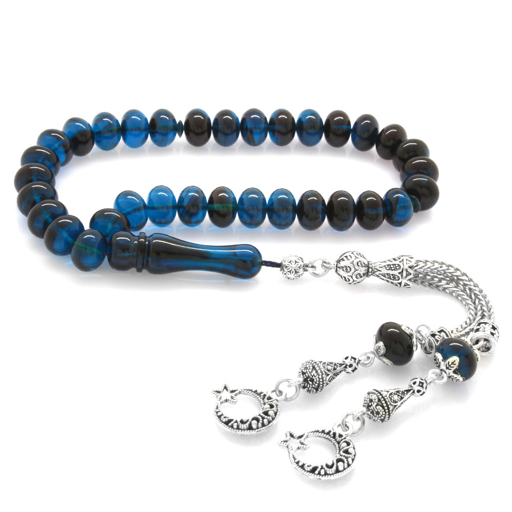  Blue-Black Pressed Amber Prayer Beads
