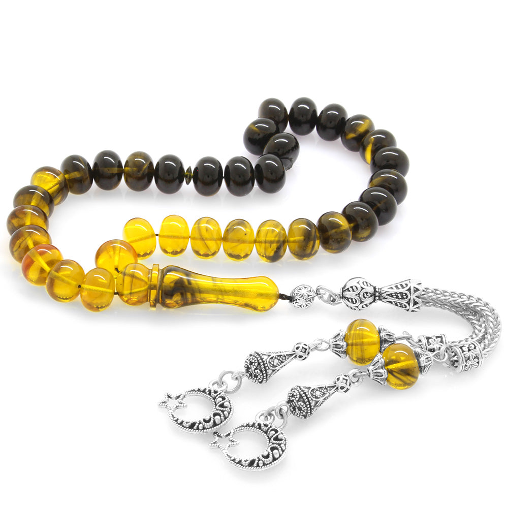 Yellow-Black Fire Amber Rosary with Star and Crescent Tassels