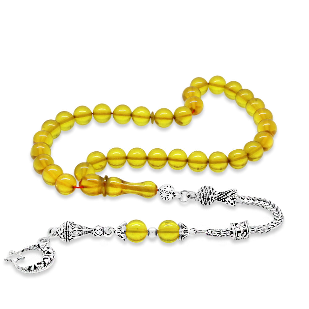 Tarnish Resistant Yellow Amber Rosary with Star and Crescent