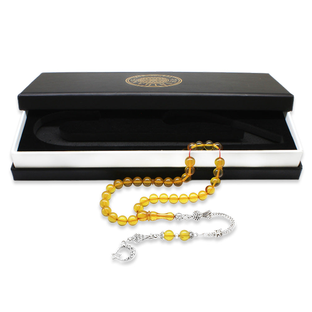Tarnish Resistant Yellow Amber Rosary with Star and Crescent