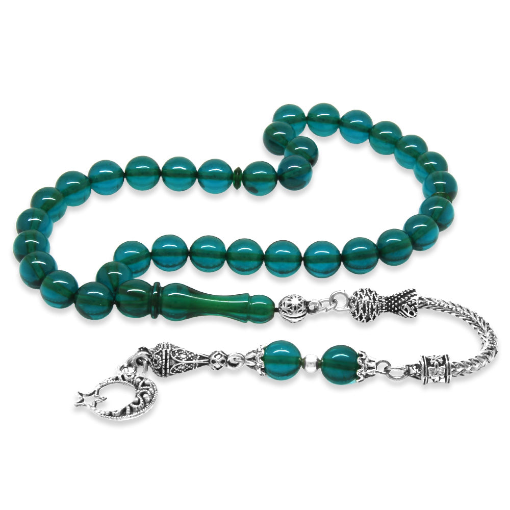 Turquoise Fire Amber Rosary with Star and Crescent Tassels