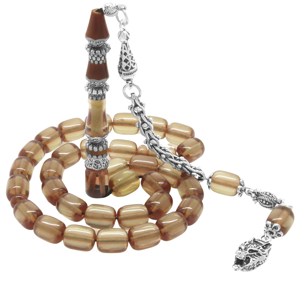 Tarnish-proof Metal Gray Wolf Tasseled  Transparent Color Pressed Amber Prayer Beads