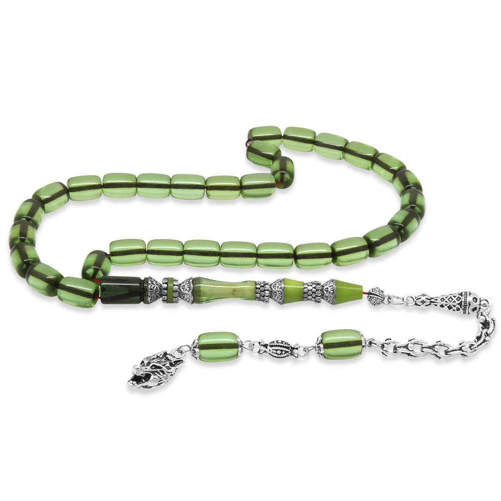 Gray Wolf Tasseled Alpaca Nakkaş Imameli Aqua Green Pressed Amber Prayer Beads
