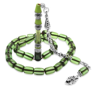 Tarnish-proof Metal Wolf Tasseled Green Pressed Amber Prayer Beads