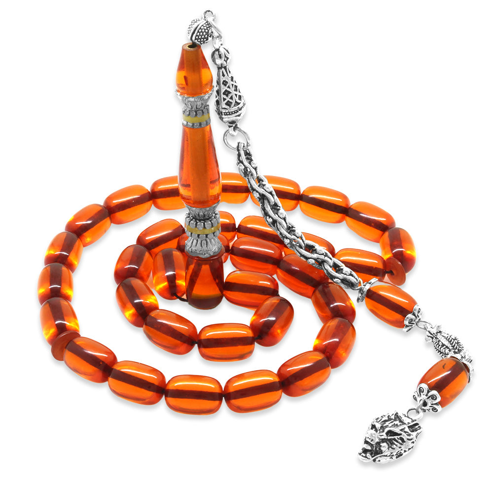 Tarnish-proof Metal Gray Wolf Tasseled  Orange Pressed Amber Prayer Beads