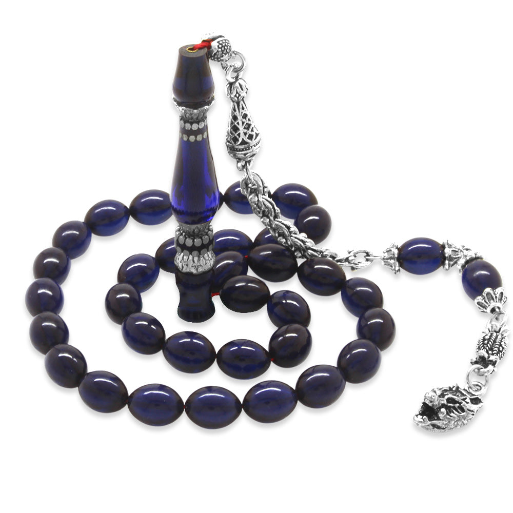 Tarnish-proof Metal Gray Wolf Tasseled Pressed Amber Prayer Beads