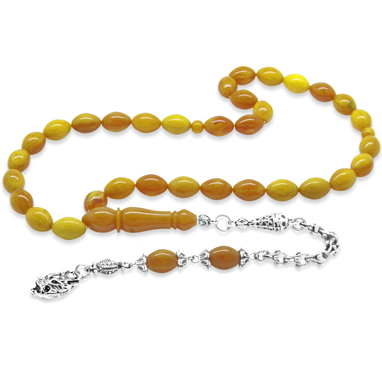 Tarnish Resistant Metal Gray Wolf Tassel Yellow Brown Squeezed Amber Prayer Beads