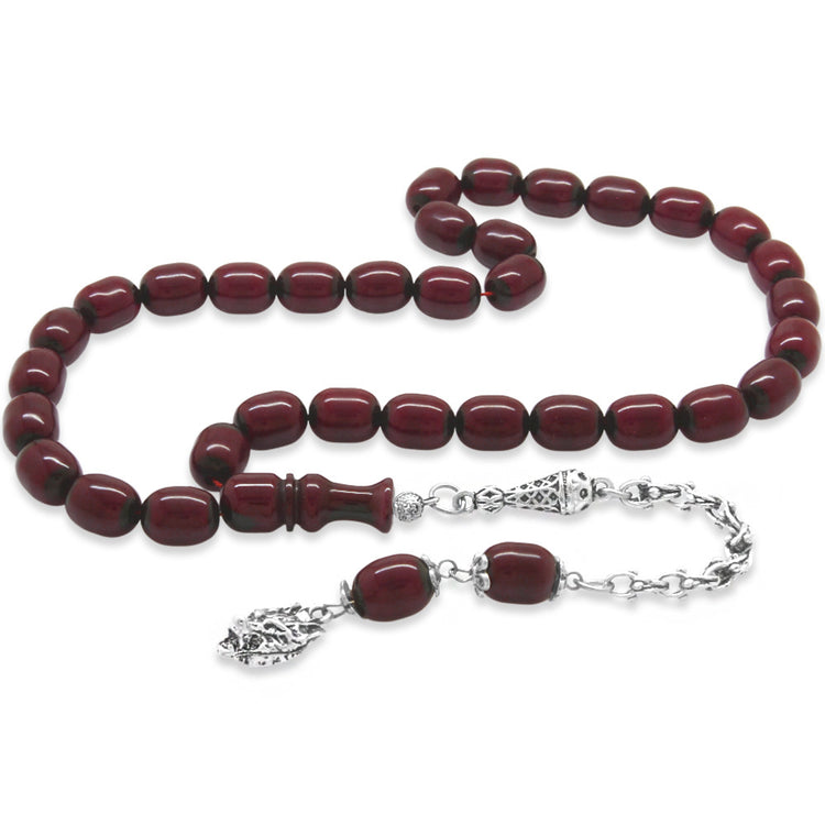 Tarnish-proof Metal Bozkurt Tassel Dark Red Pressed Amber Prayer Beads