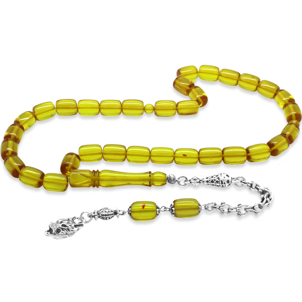 Tarnish-proof Metal Bozkurt Tassel Yellow Pressed Amber Prayer Beads