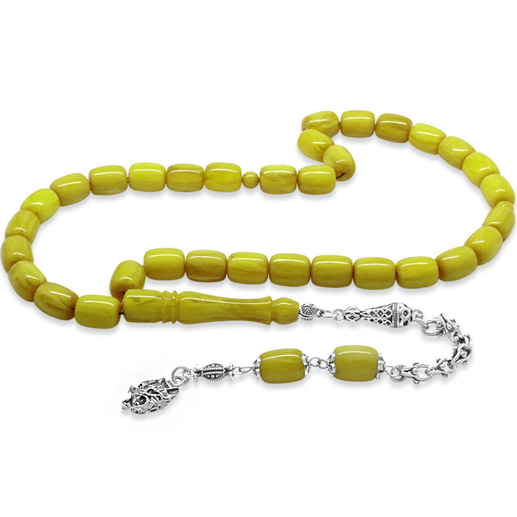 Tarnish-proof Metal Bozkurt Tassel Capsule Cut Green and White Pressed Amber Prayer Beads