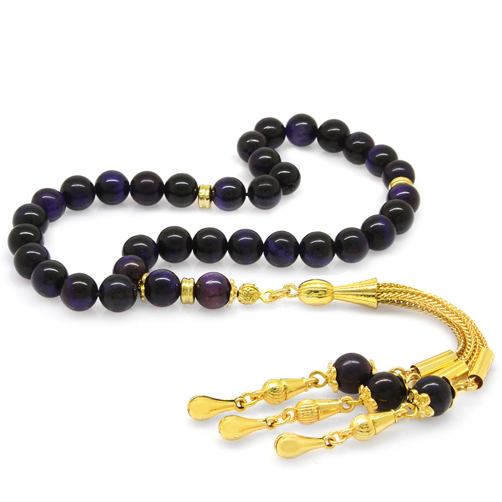 Tarnishproof Metal Gold Tasseled Sphere Cut Purple Tiger&#39;s Eye Natural Stone Prayer Beads