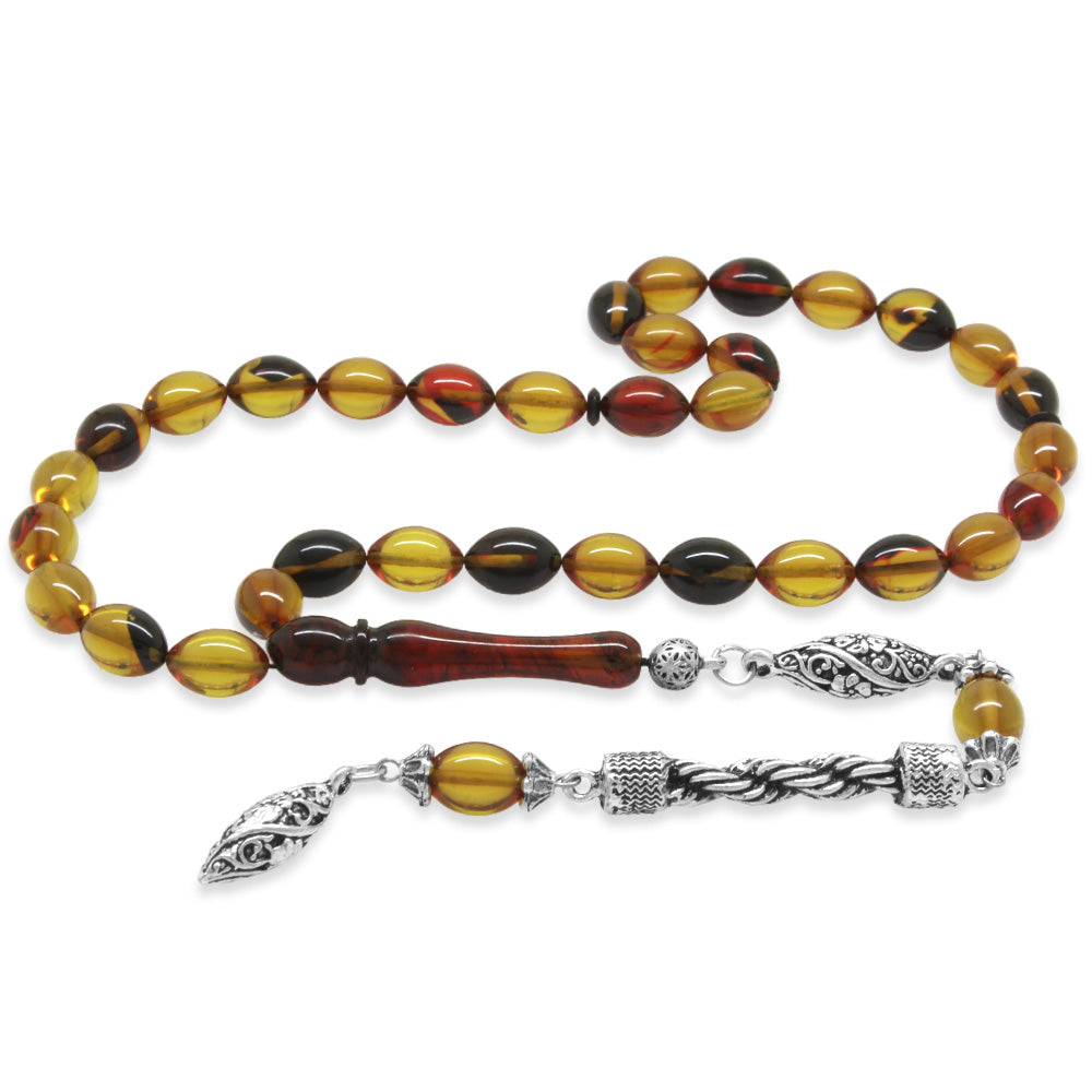 Barley Cut Bala-Black Fire Amber Rosary with Tarnish Resistant Metal Rope Tassels