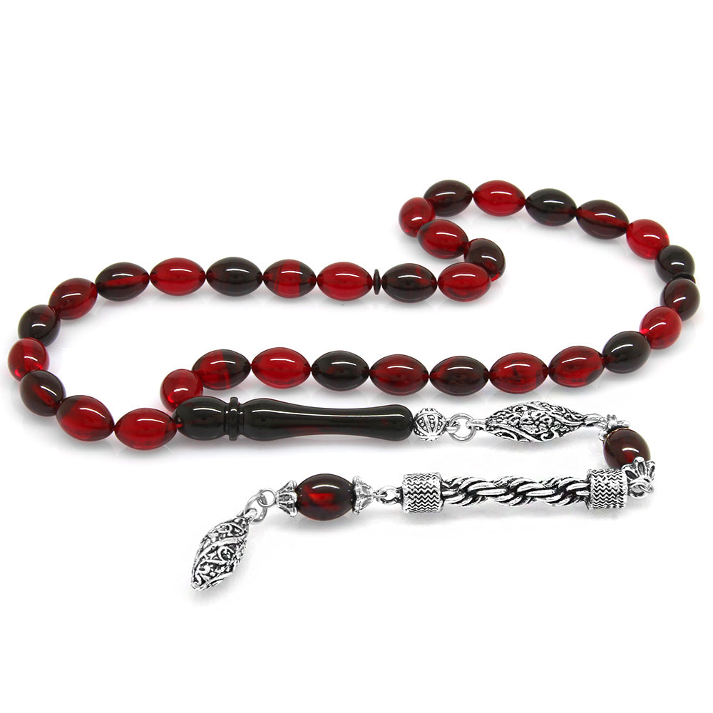Red-Black Fire Amber Rosary with Tarnish Resistant Metal Rope Tassels