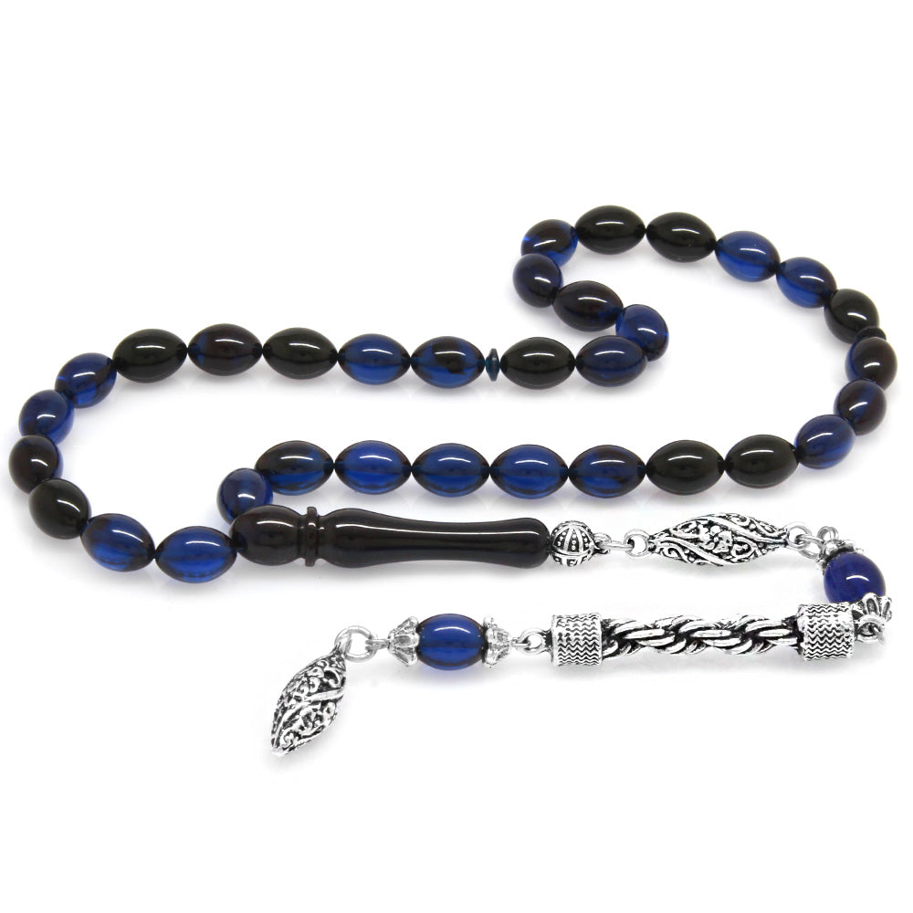 Barley Cut Blue-Black Crimped Amber Prayer Beads with Tarnish Resistant Metal Rope Tassels