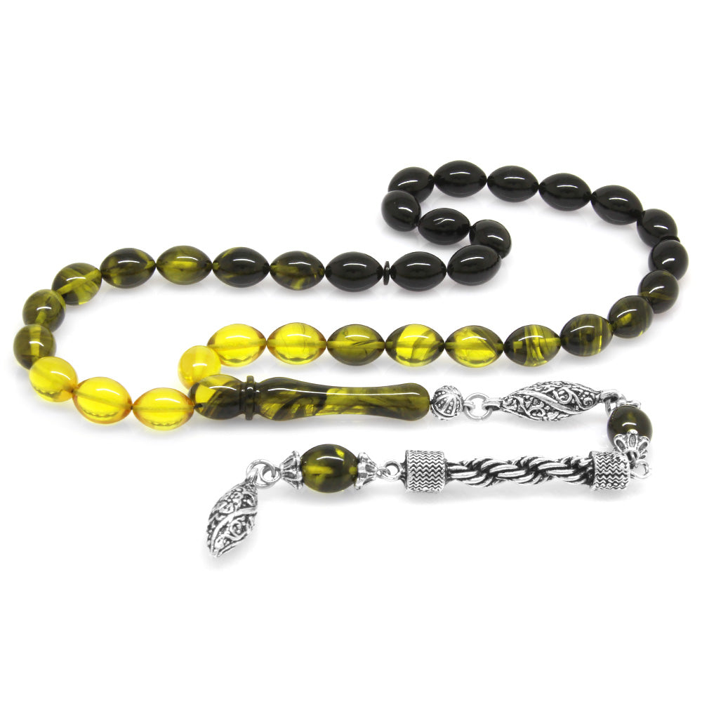 Yellow-Black Fire Amber Rosary with Tarnish-Free Metal Rope Tassels