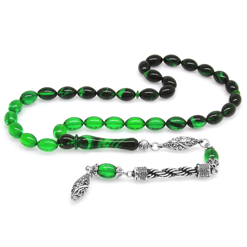 Barley Cut Filtered Green-Black Fire Amber Rosary with Tarnish Resistant Metal Rope Tassels