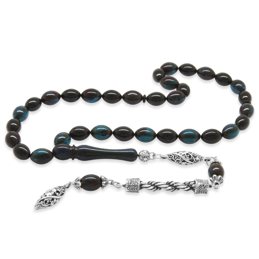 Barley Cut Turquoise-Black Fire Amber Rosary with Tarnish Resistant Metal Rope Tassels