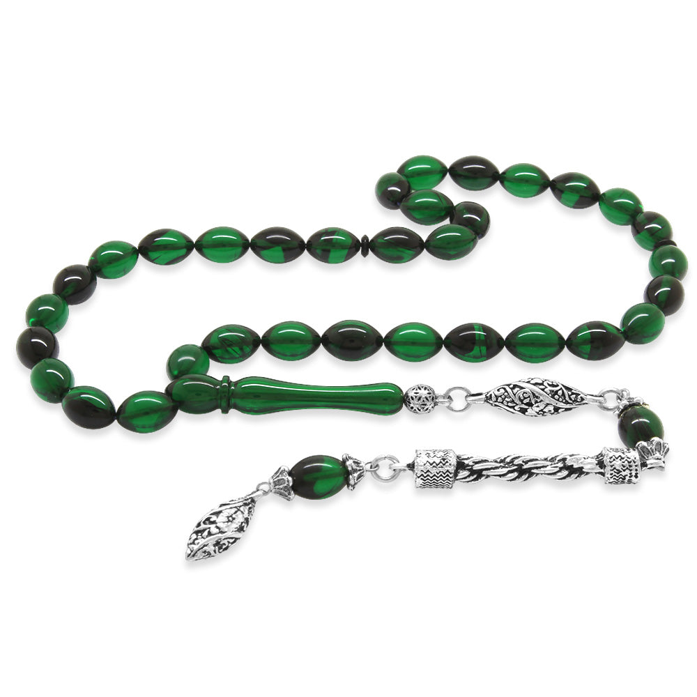 Barley Cut Green-Black Fire Amber Rosary with Tarnish Resistant Metal Rope Tassels