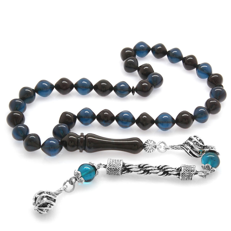 Blue-Black Crimped Amber Rosary with Tarnish Resistant Metal Rope Tassels