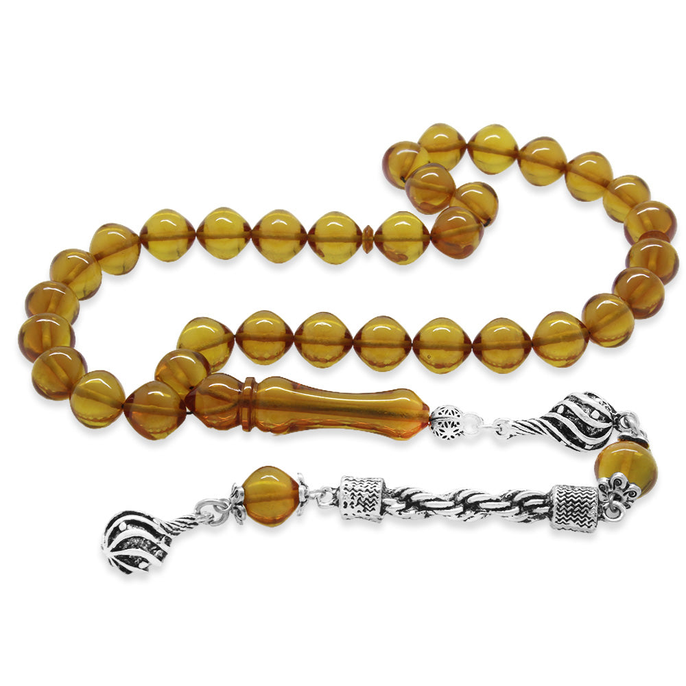 Istanbul Cut Yellow Fire Amber Rosary with Tarnish Resistant Metal Rope Tassels
